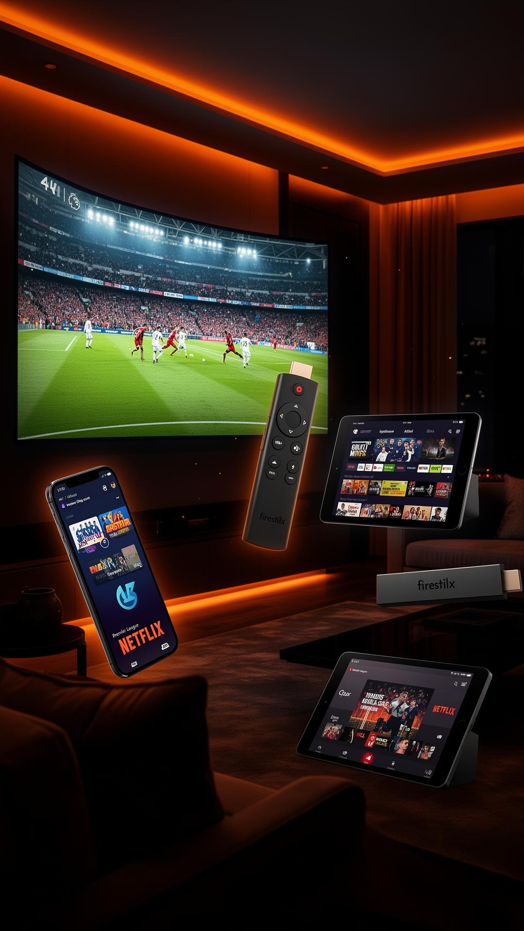 IPTV Provider UK — premium 4K streaming on every device Premium IPTV streaming setup with 4K Smart TV showing Premier League football, Firestick remote, smartphone and tablet